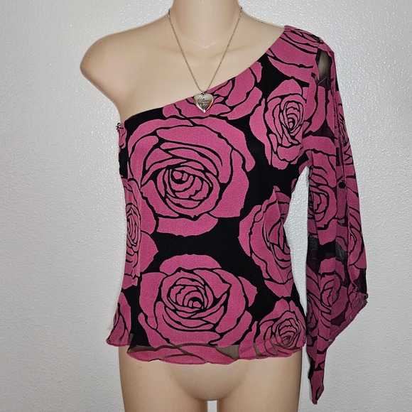 One Shoulder Pink Rose Floral Sheer Sleeve Party Blouse - Picture 1 of 8